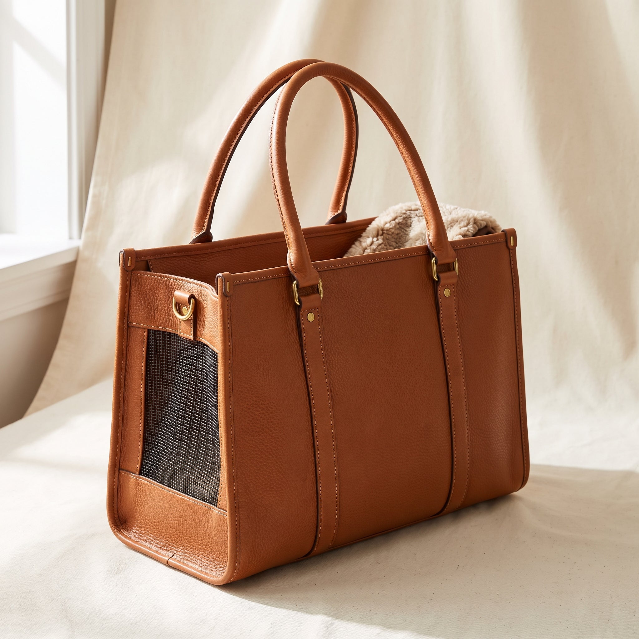 Tan leather dog carrier tote with mesh ventilation panels, fits small dogs up to 6kg
