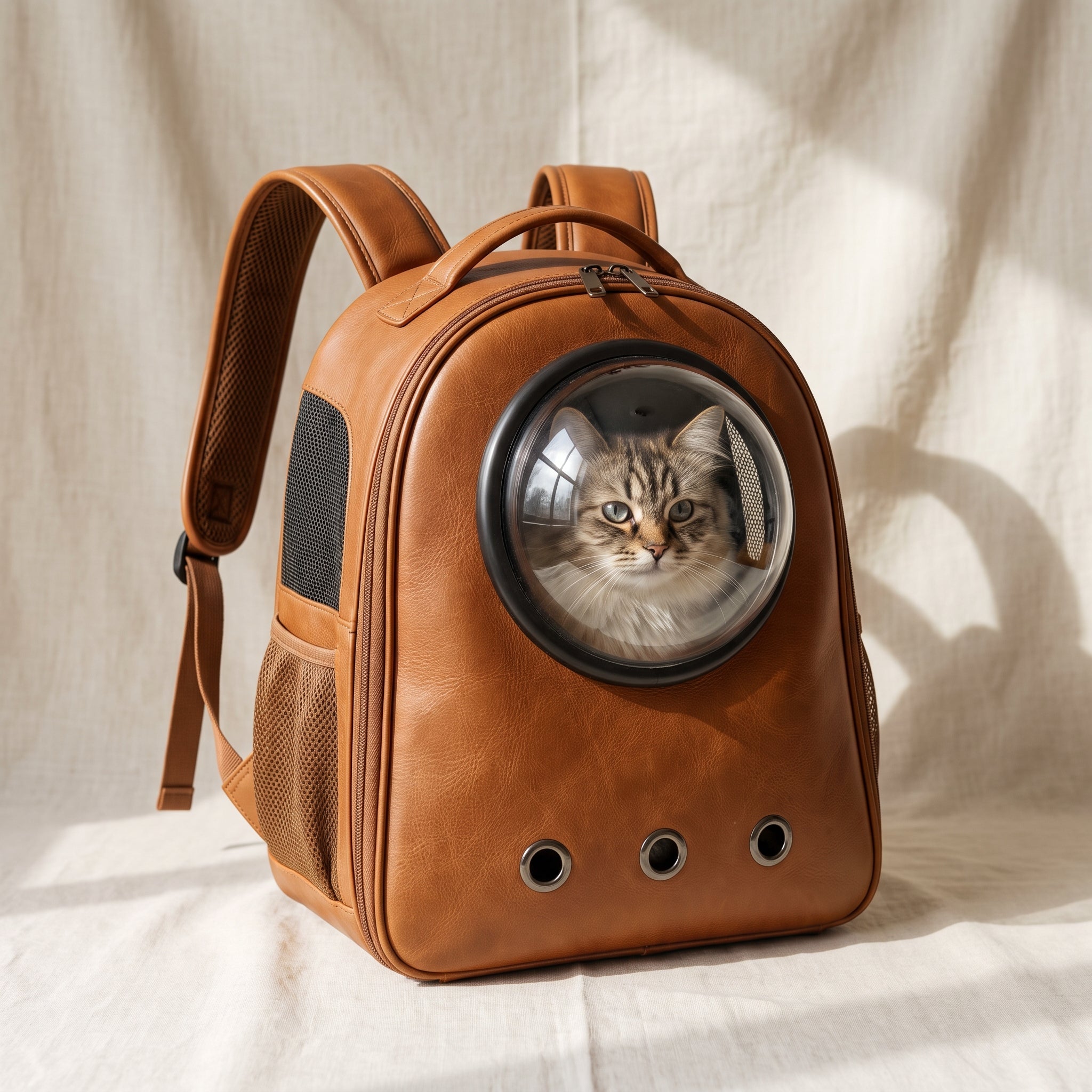 Caramel leather cat backpack with transparent bubble front window, mesh sides, padded straps