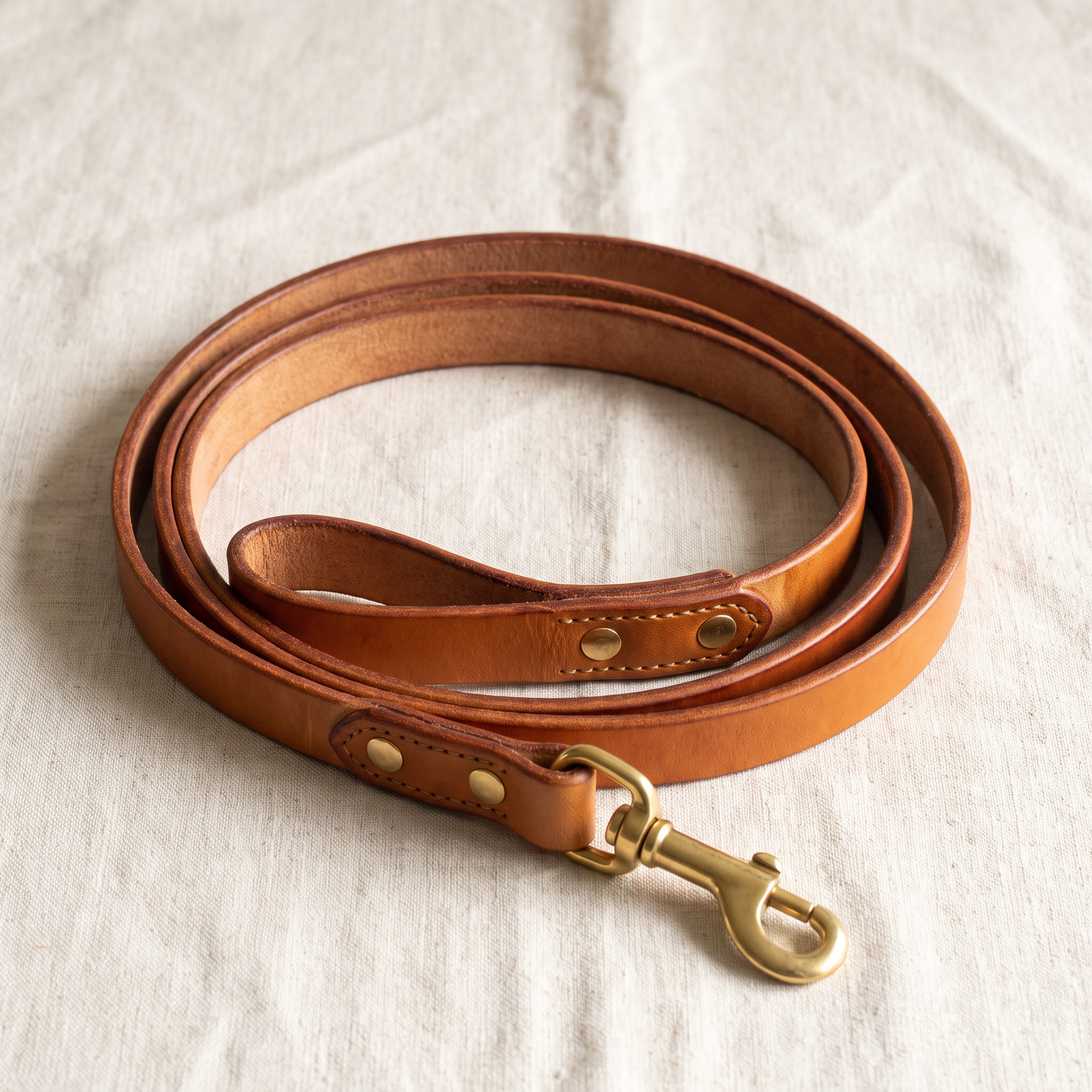 Hand-tanned tan leather dog leash 4ft / 120cm with brass trigger clasp and reinforced handle