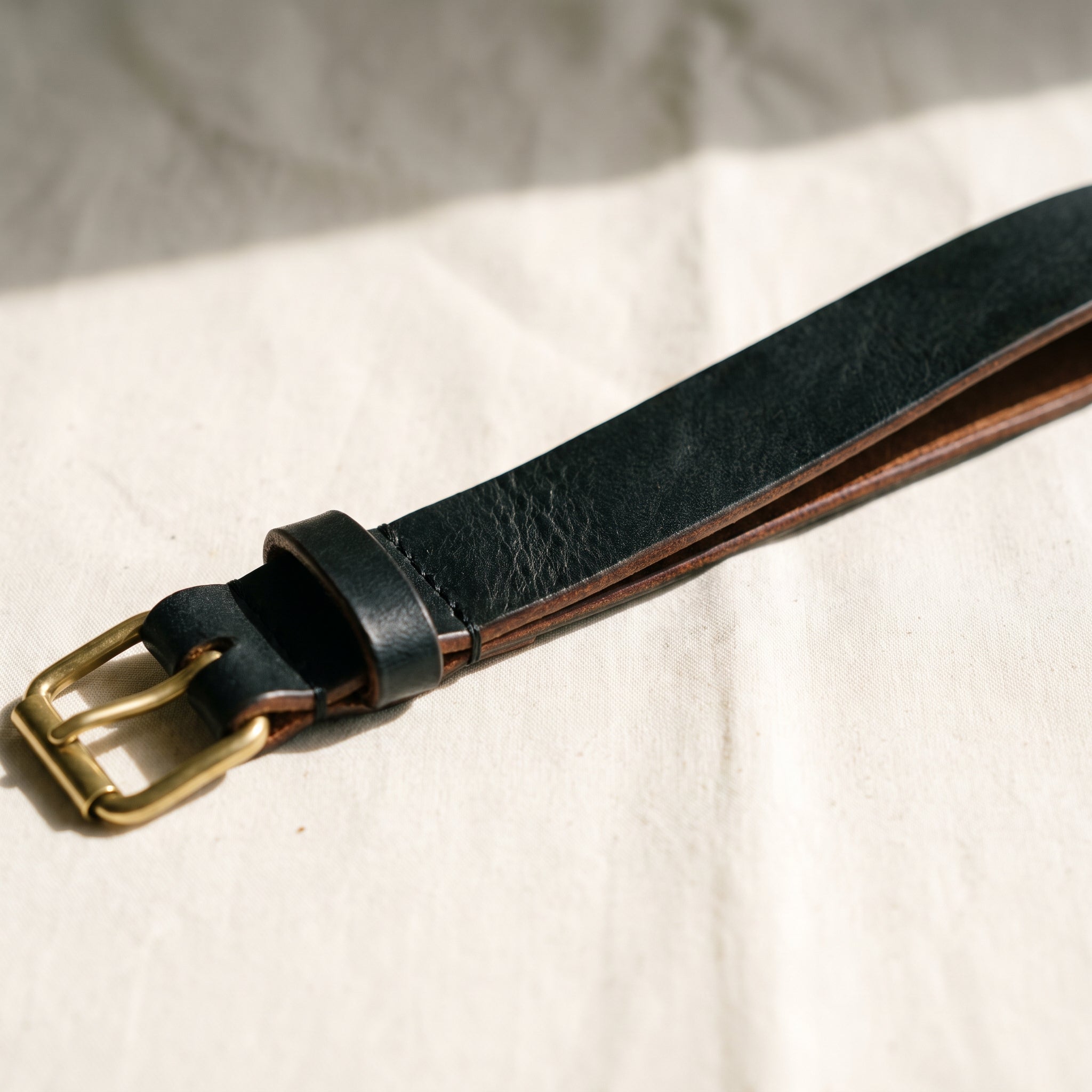 Hand-tanned onyx black leather dog collar with brass hardware, minimalist Nordic style