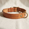Hand-tanned leather dog collar with hand-stamped custom engraving, made to order