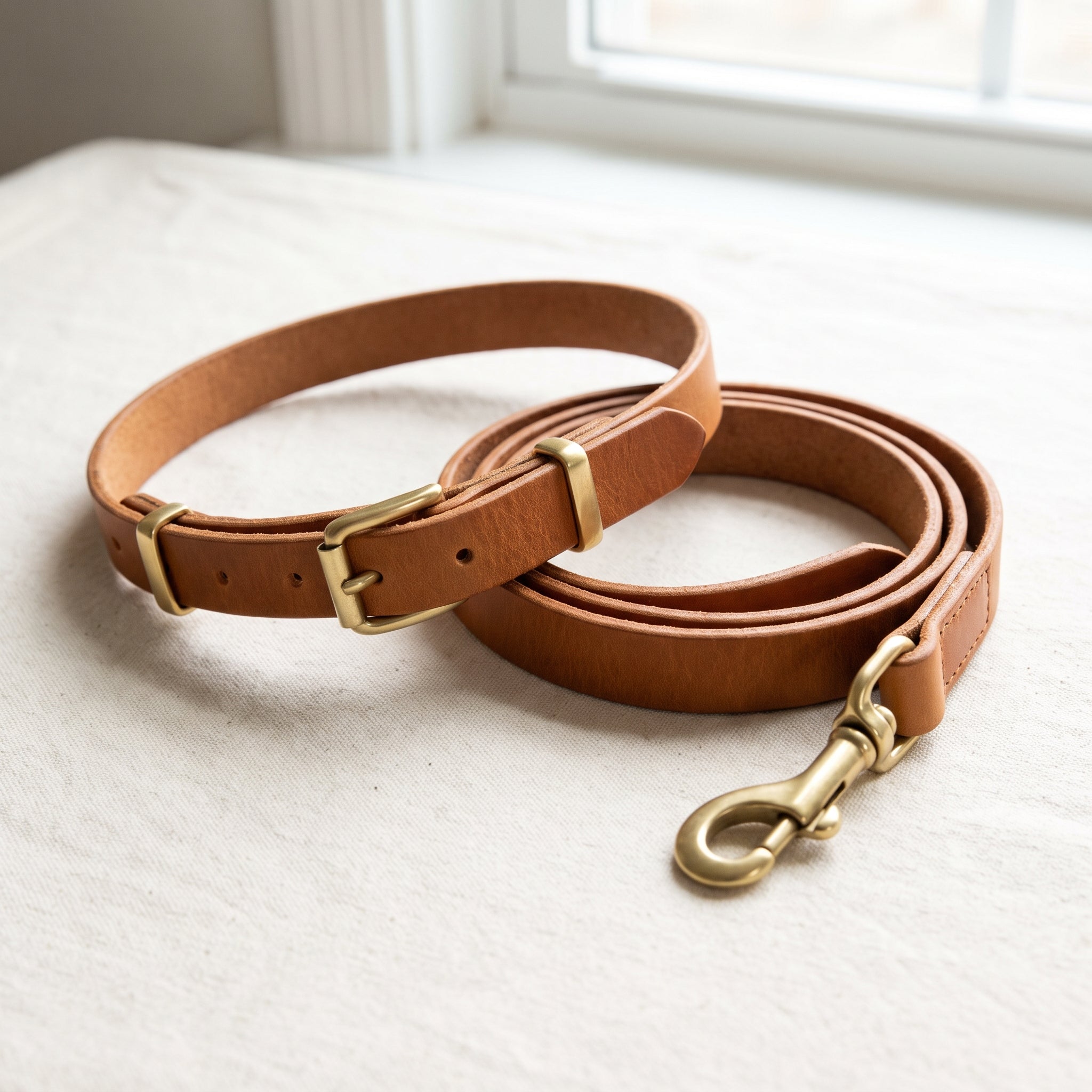 Hands-free tan leather crossbody dog leash with adjustable waist strap for running and urban walking