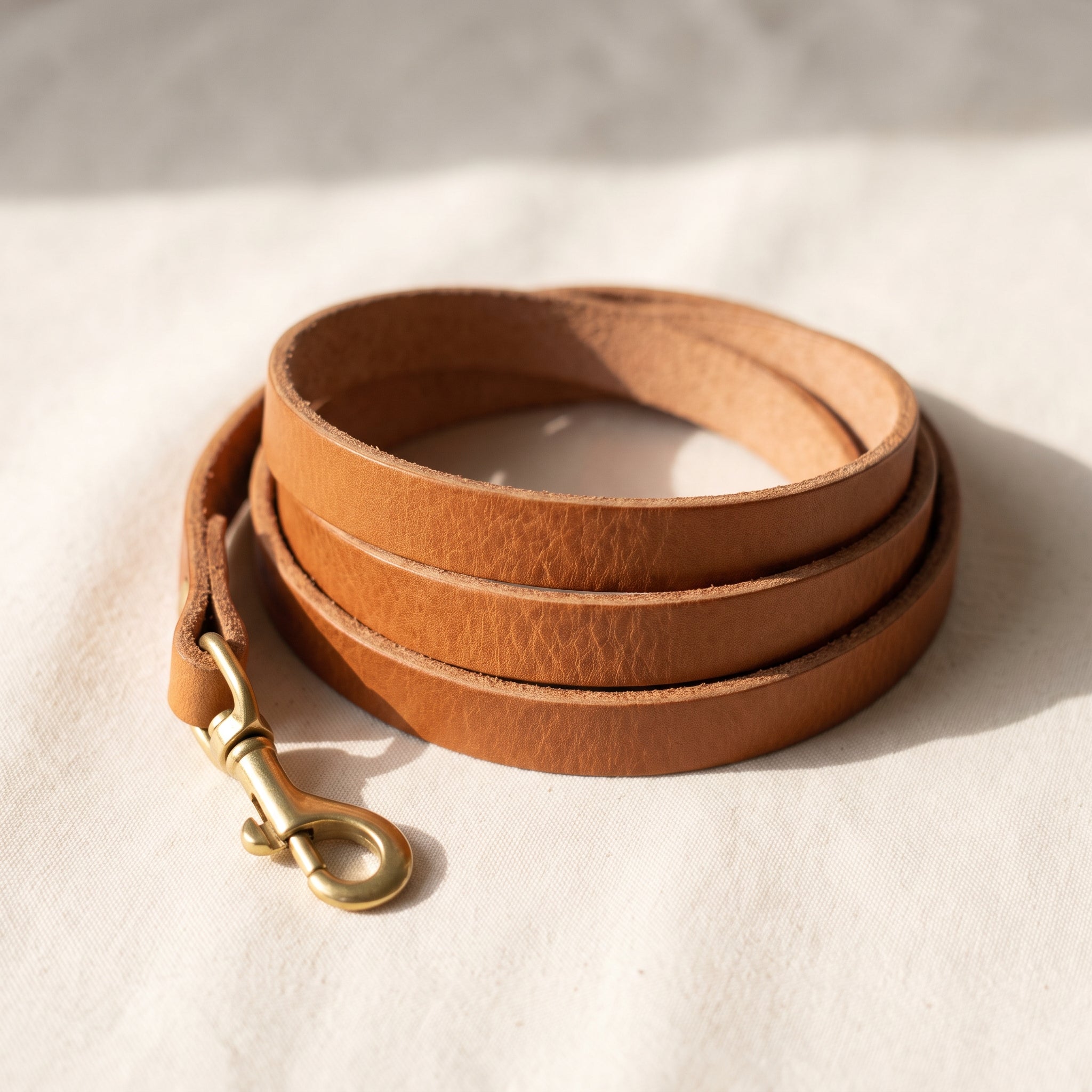 Short caramel leather indoor cat leash 60cm, lightweight, brass trigger clasp with breakaway safety