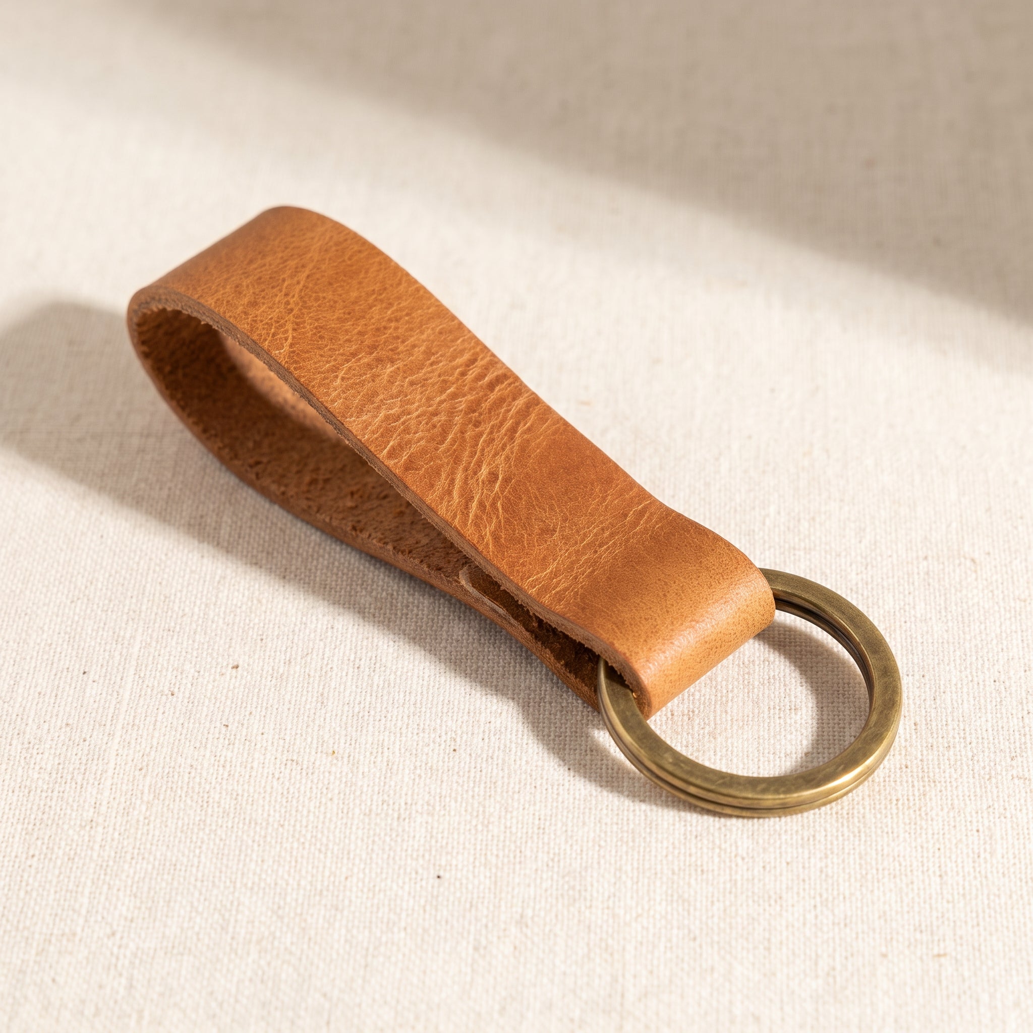 Tan vegetable-tanned leather keychain with solid brass split ring, minimalist design