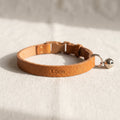 Narrow caramel leather cat collar with breakaway safety buckle, 1.0cm width