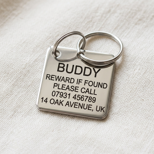 Sterling silver square stainless steel ID tag, 2.5cm, polished finish, engraved on both sides