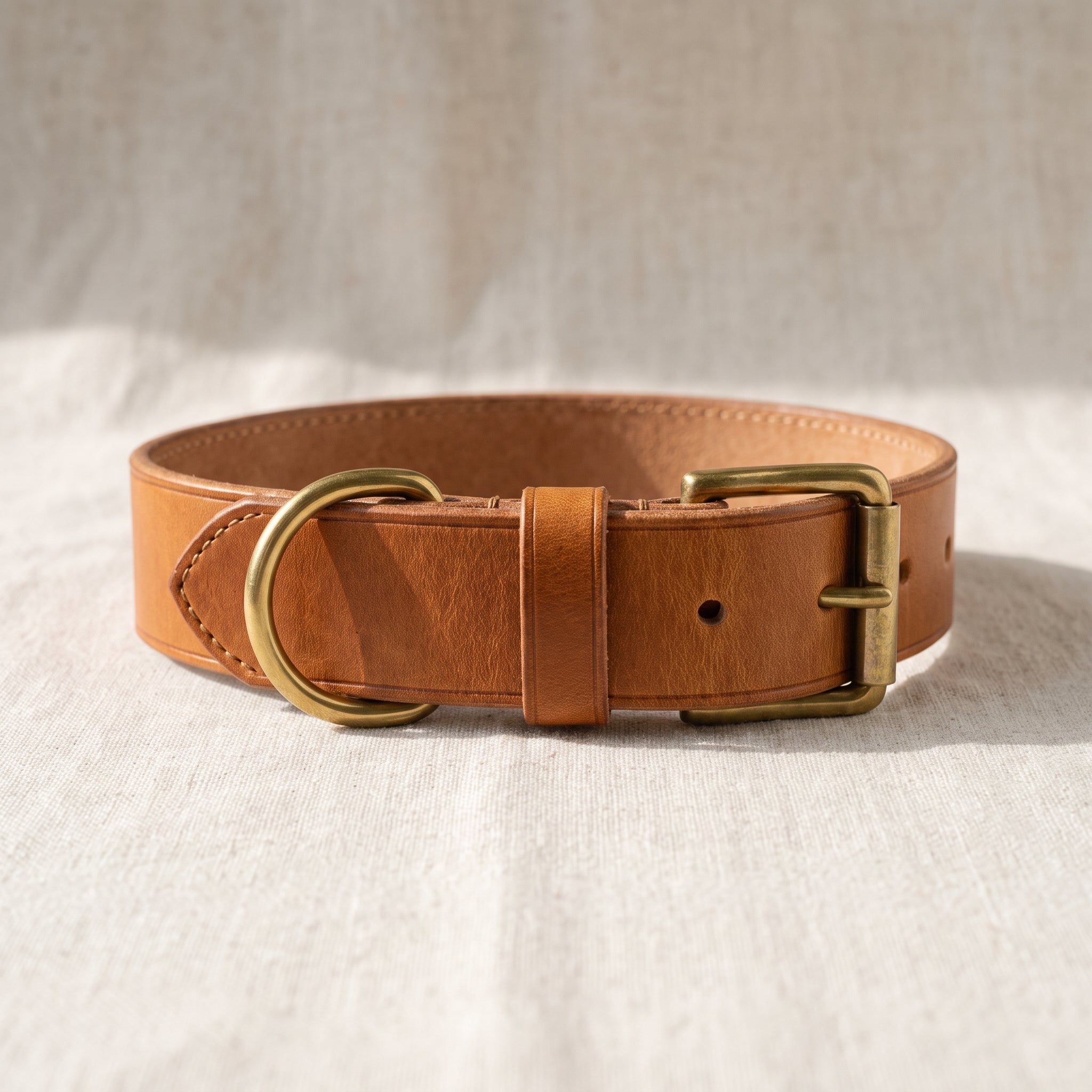 Wide hand-tanned tan leather dog collar for medium and large breeds, brass D-ring and buckle